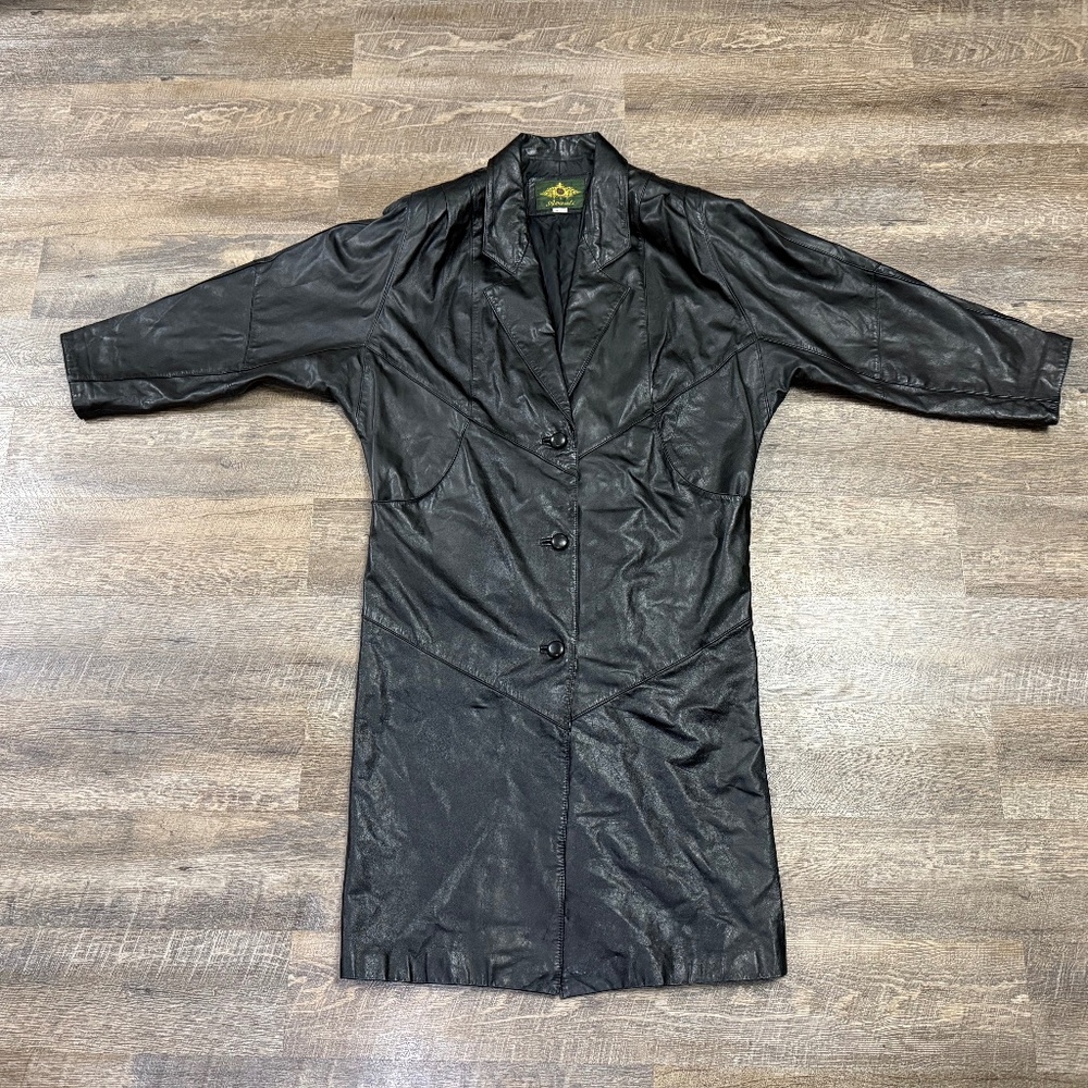 Vintage Avanti Long Black 100% Leather Disco Duster Jacket Trench Coat Sz M